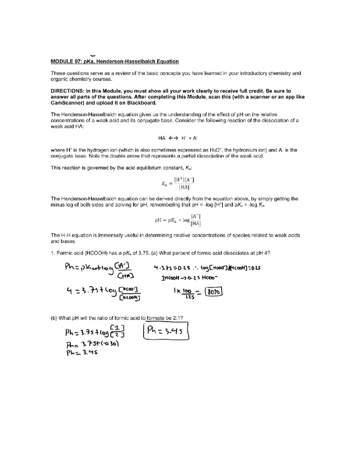 Biochem MOD 7 - MODULE 07: pKa, Equation These questions serve as a ...