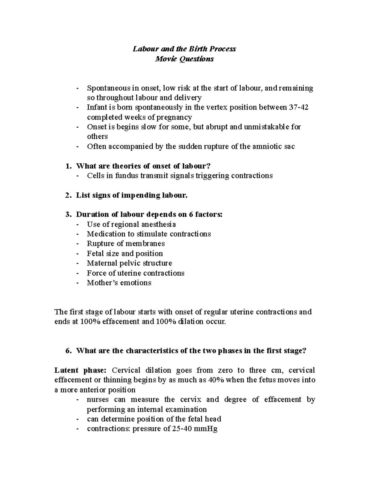 Labour and the Birth Process questions from movie - Labour and the ...