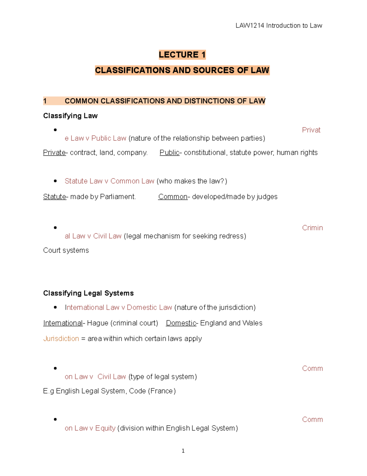 Sources Of Law- Intro - LECTURE 1 CLASSIFICATIONS AND SOURCES OF LAW 1 ...