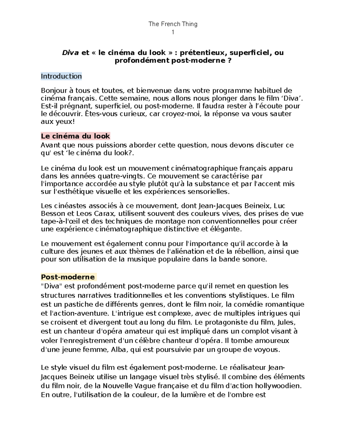 Diva exposé script - 1 Diva et « le cinéma du look » : prétentieux ...