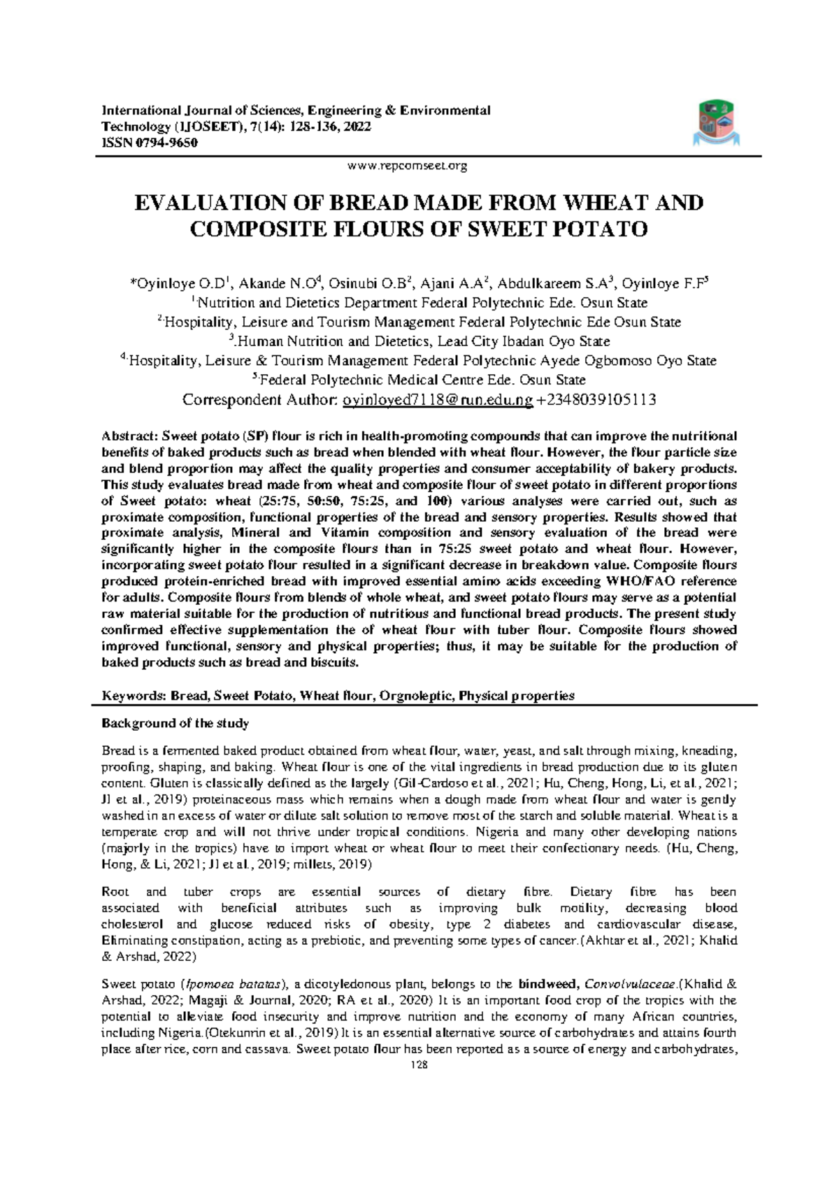 Oyinloye et al Evaluation OF Bread MADE FROM Wheat AND Composite Flours ...