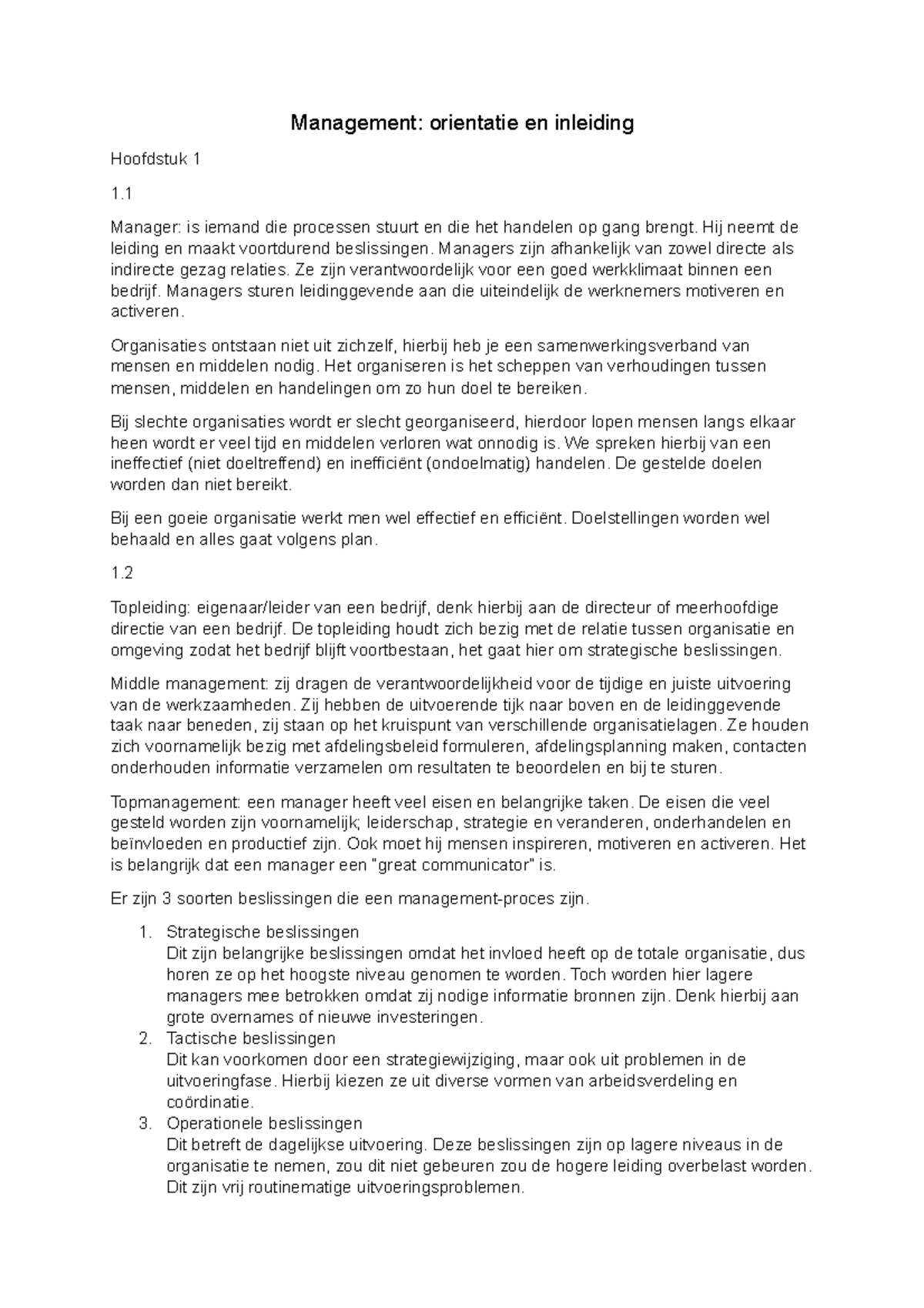 Samenvatting Management - Management: Orientatie En Inleiding Hoofdstuk ...