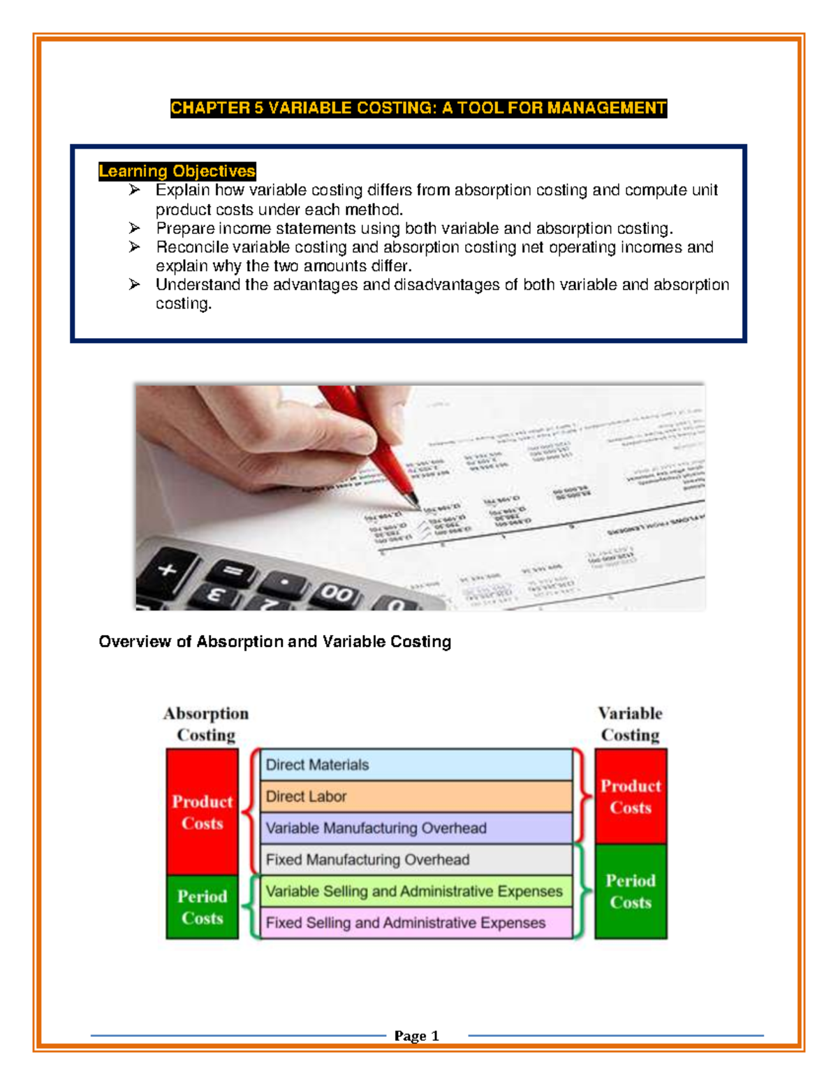 Chapter 5 Variable Costing-A TOOL FOR Management - CHAPTER 5 VARIABLE ...