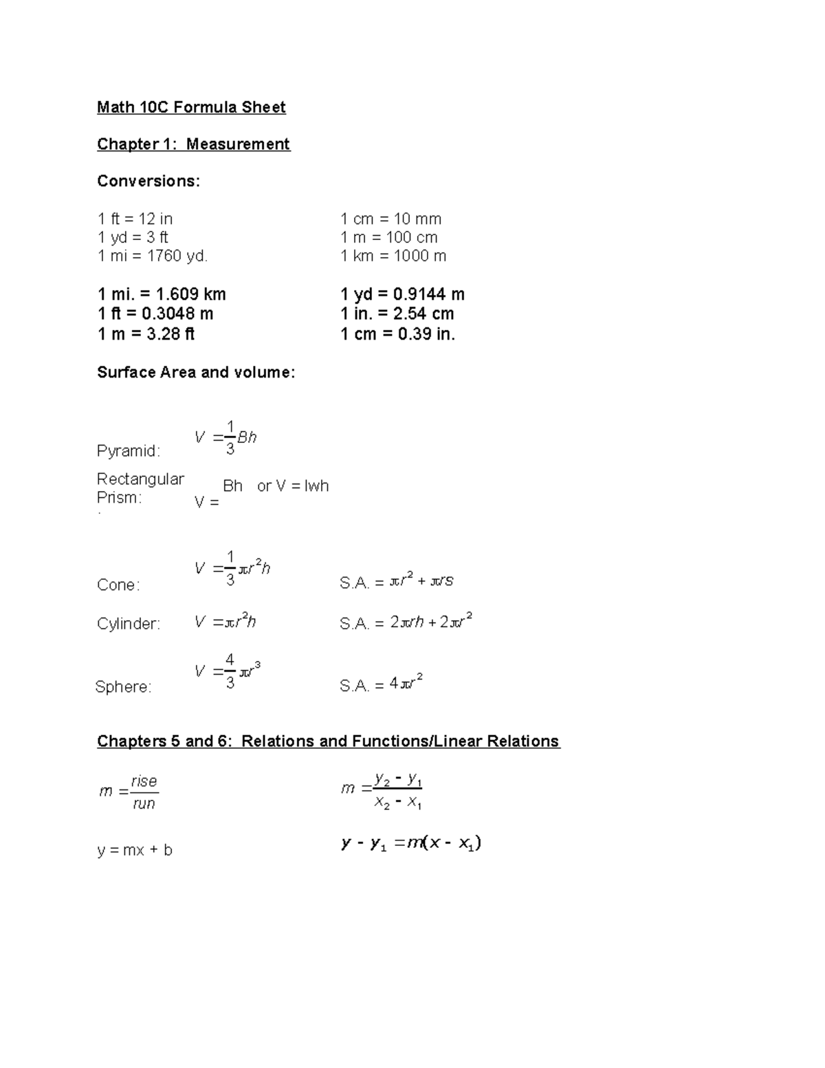 Math 10C Formula Sheet - this was a review - Math 10C Formula Sheet ...