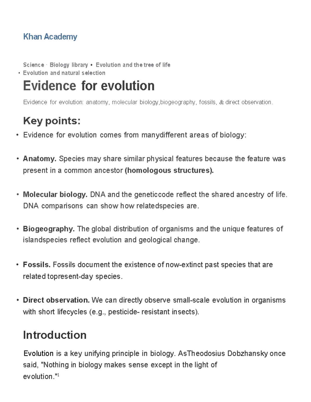 Kahn evidence of evolution Khan Academy Science · Biology library