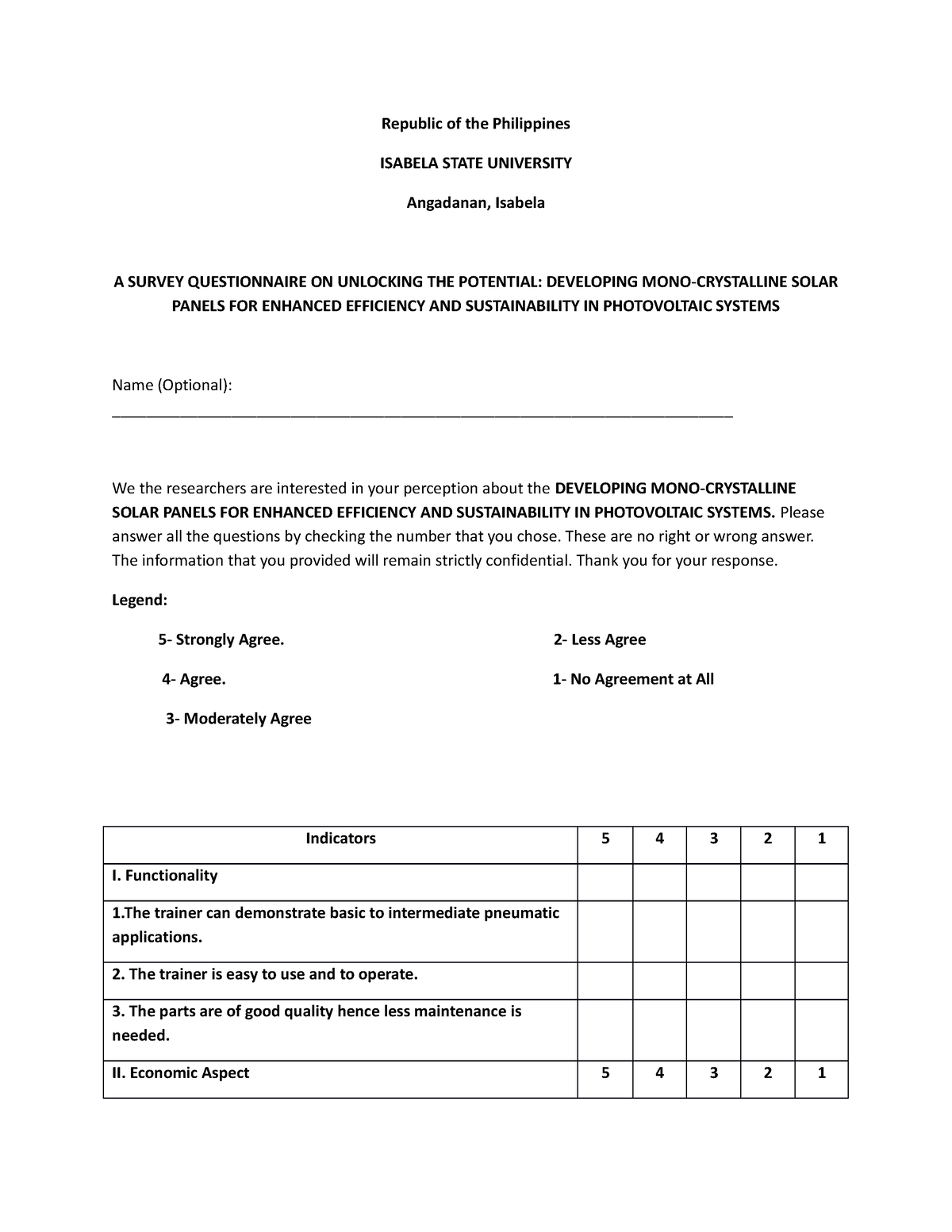 Questionnaire - Use for example - Republic of the Philippines ISABELA ...