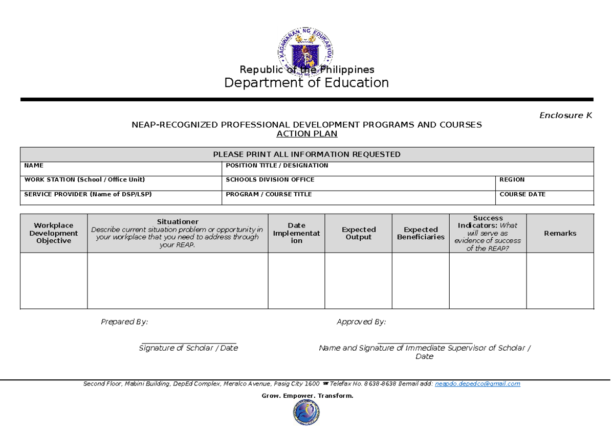 Enclosure K NEAP PDP Action Plan - Republic of the Philippines ...