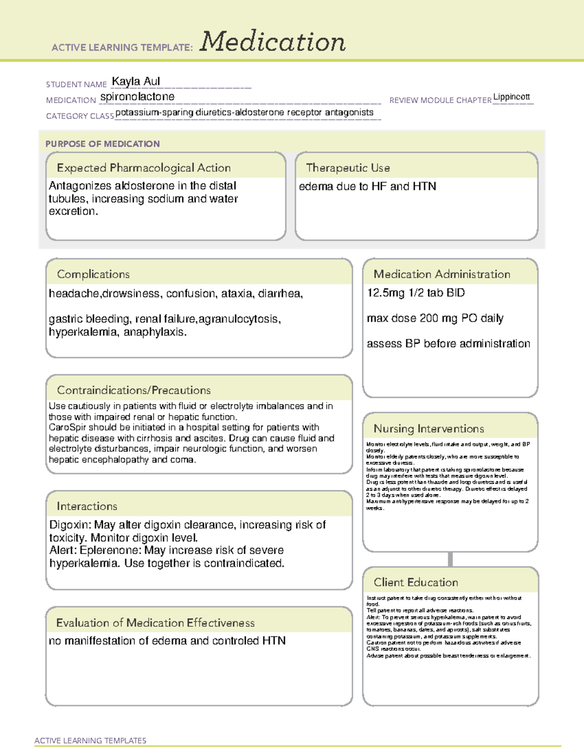 ATI medication spironolactone ACTIVE LEARNING TEMPLATES Medication