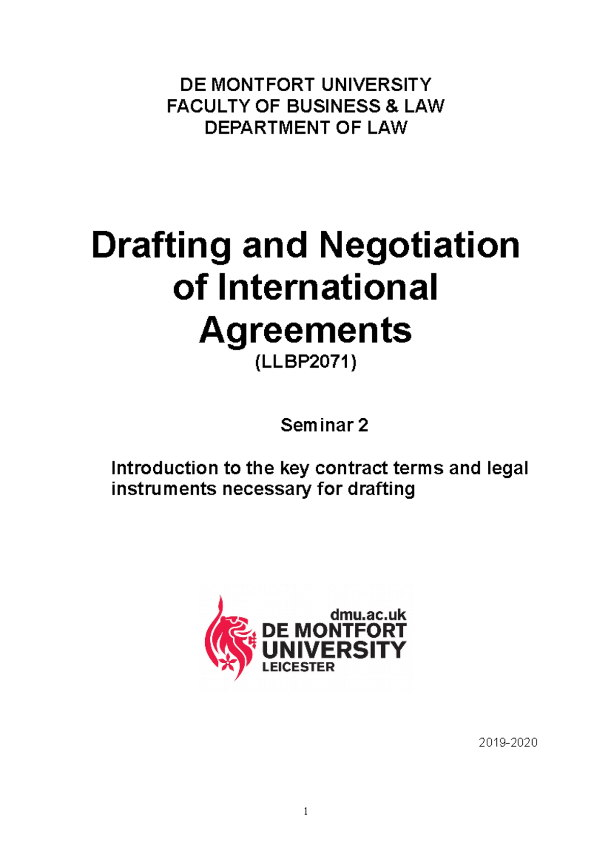 LLBP2071 Seminar 2 1920 Drafting notes - DE MONTFORT UNIVERSITY FACULTY ...