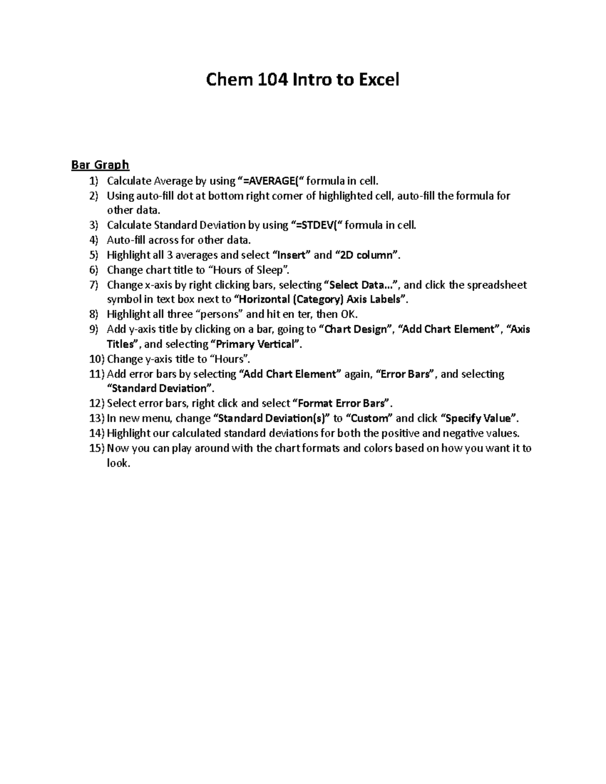 Chem 104 Intro To Excel Chem 104 Intro To Excel Bar Graph Calculate