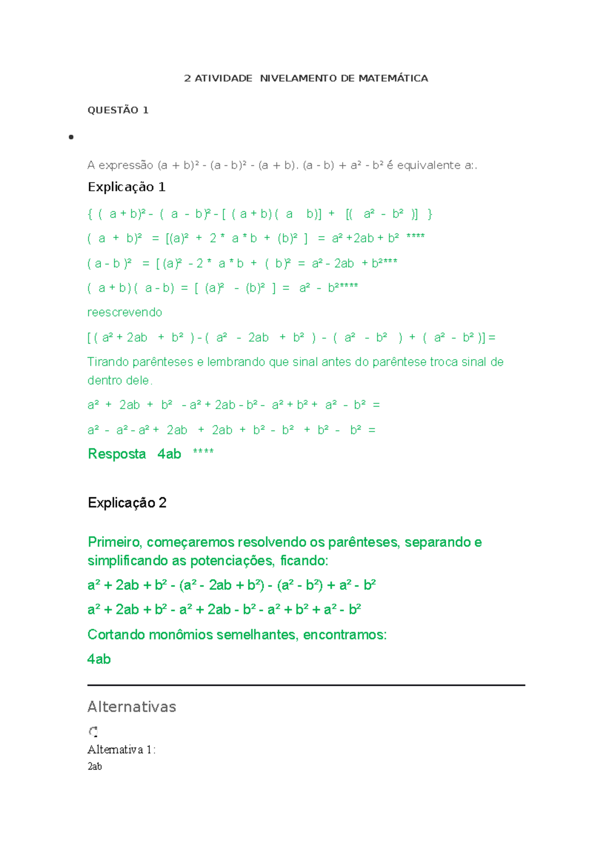 2 Atividade Nivelamento DE Matemática - 2 ATIVIDADE NIVELAMENTO DE ...