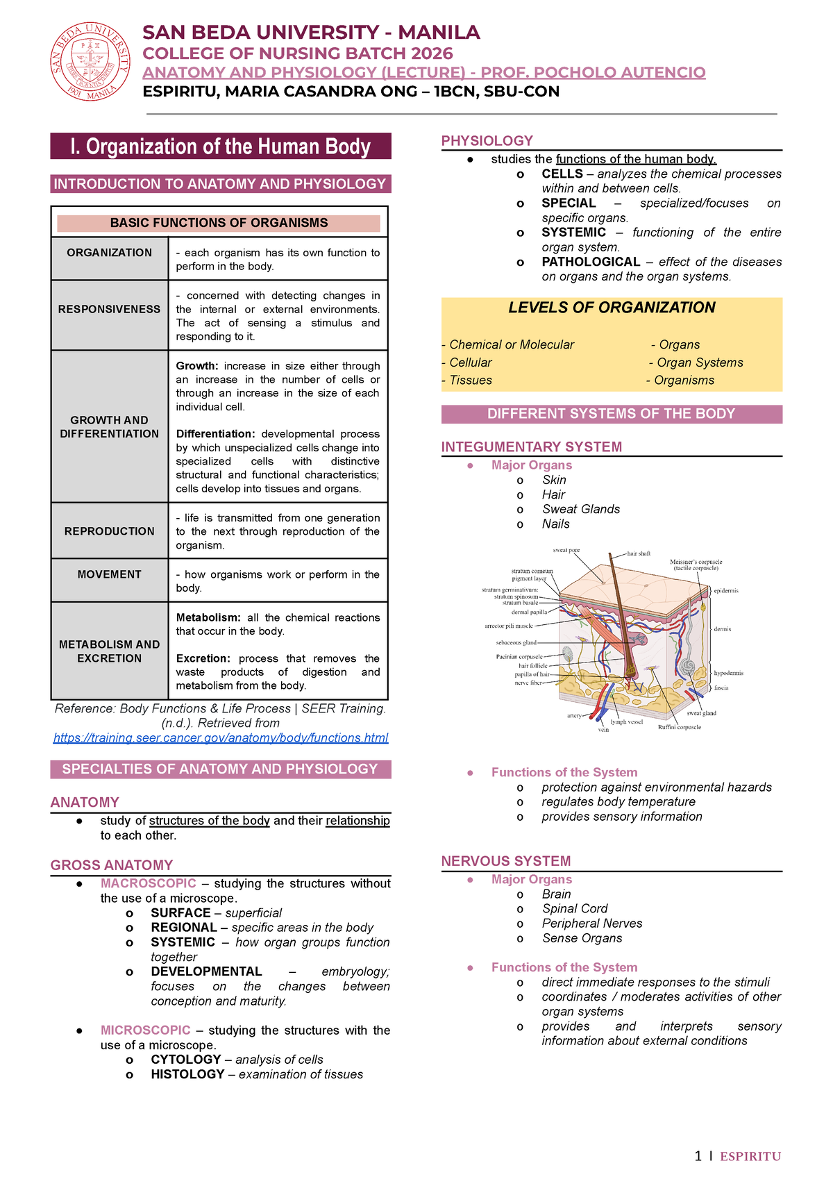 ANATOMY AND PHYSIOLOGY - CHAPTERS 1-8 TRANSES - COLLEGE OF NURSING ...