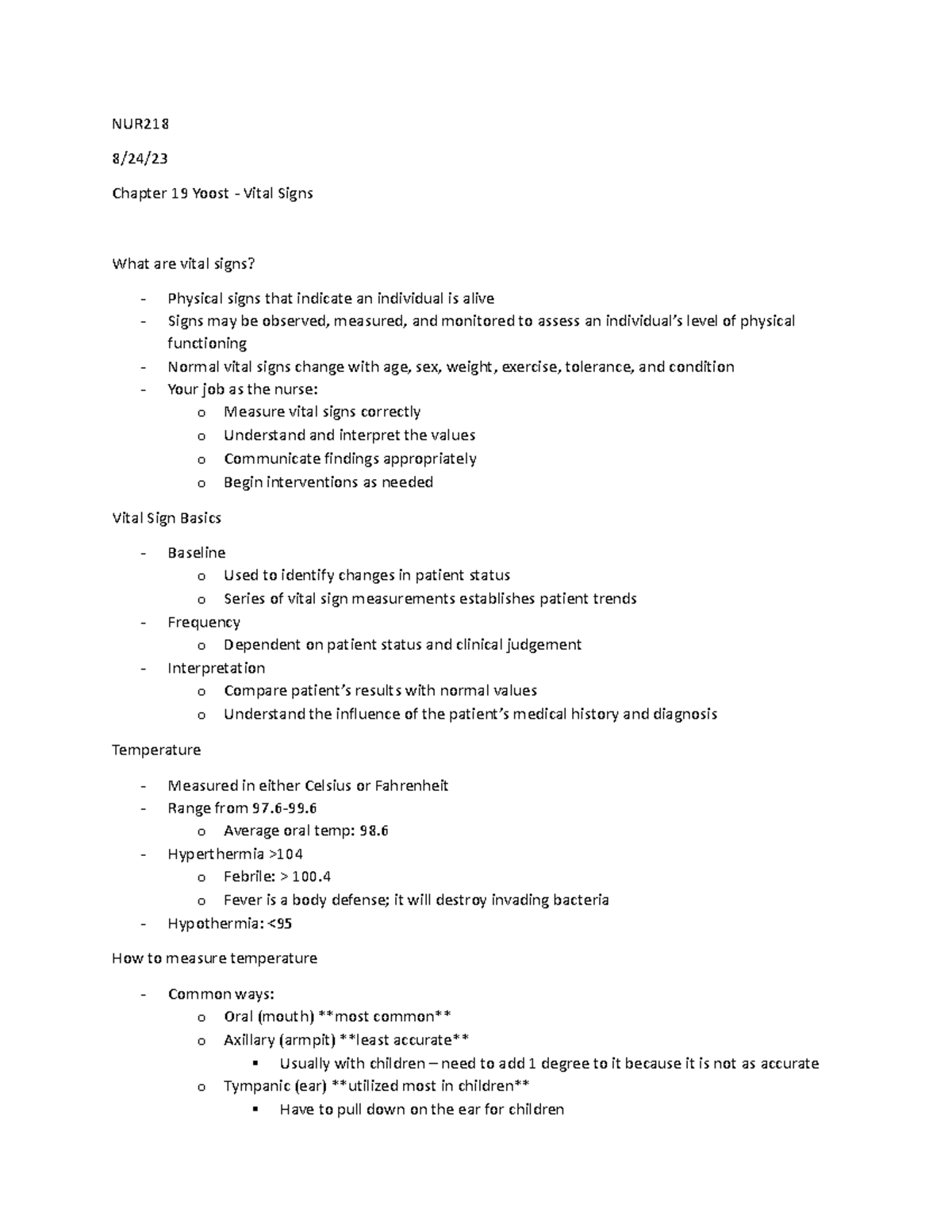 Vital Signs Notes - NUR 8/24/ Chapter 19 Yoost - Vital Signs What Are ...