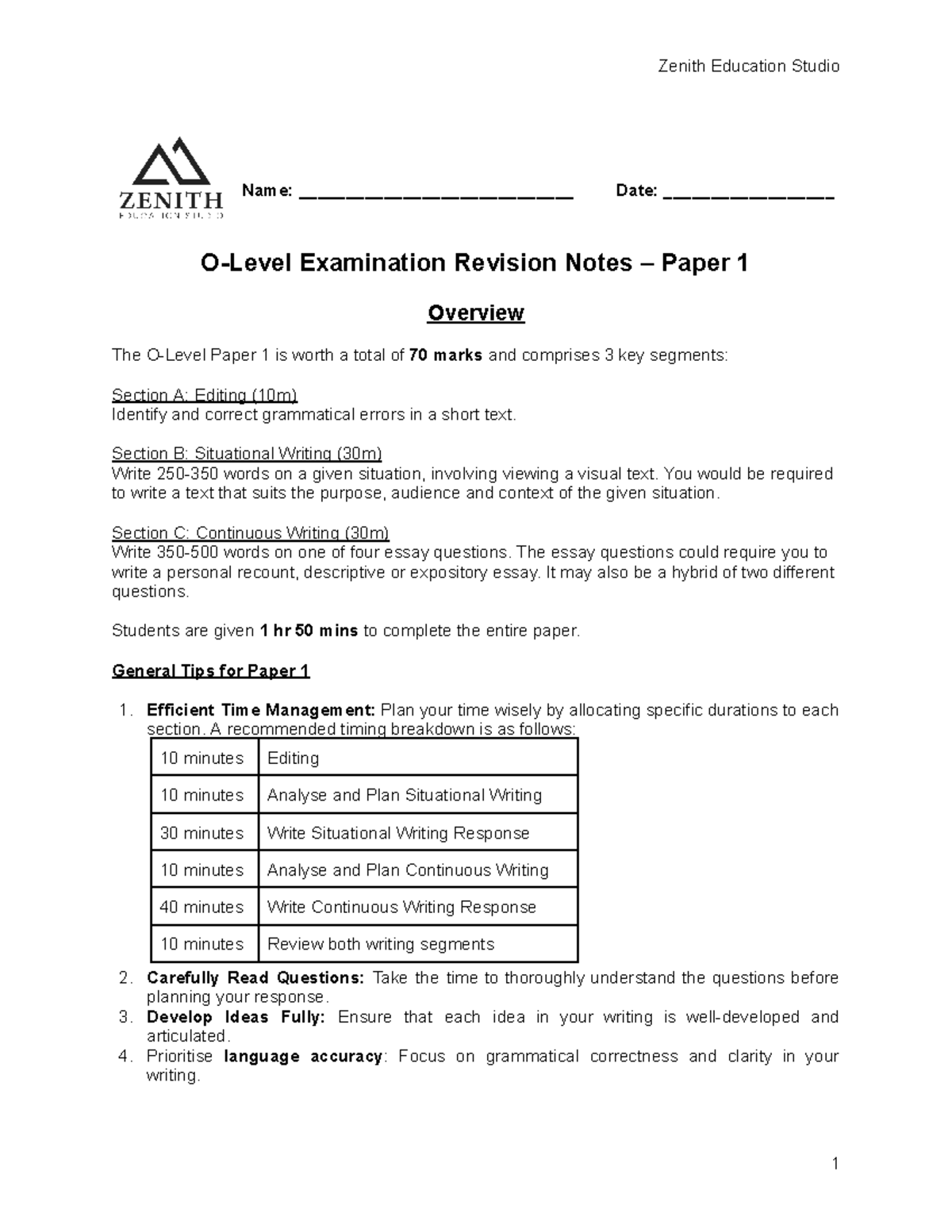 Zenith Eng paper 1 notes - Name: _____________________________ Date ...