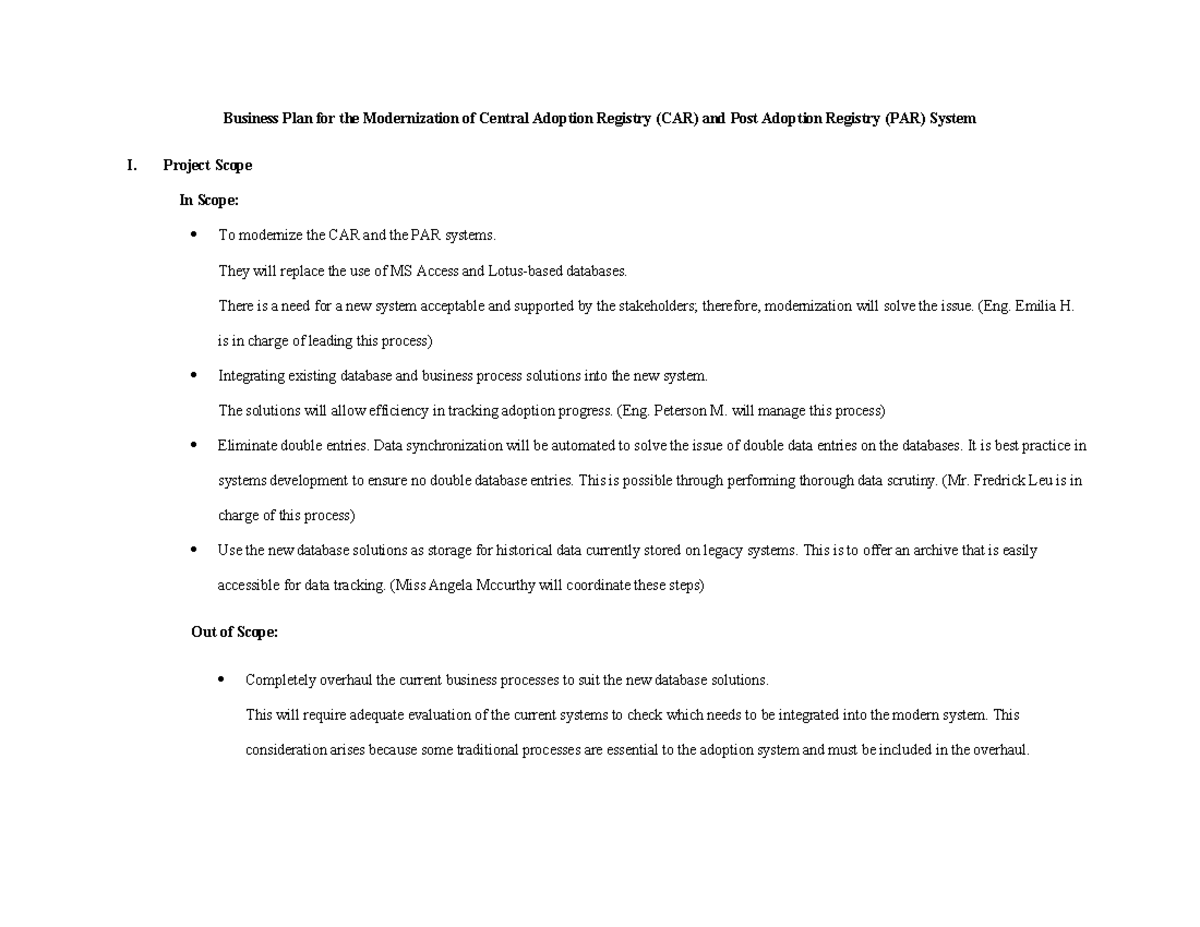 Business Plan - Project Scope In Scope: To modernize the CAR and the ...