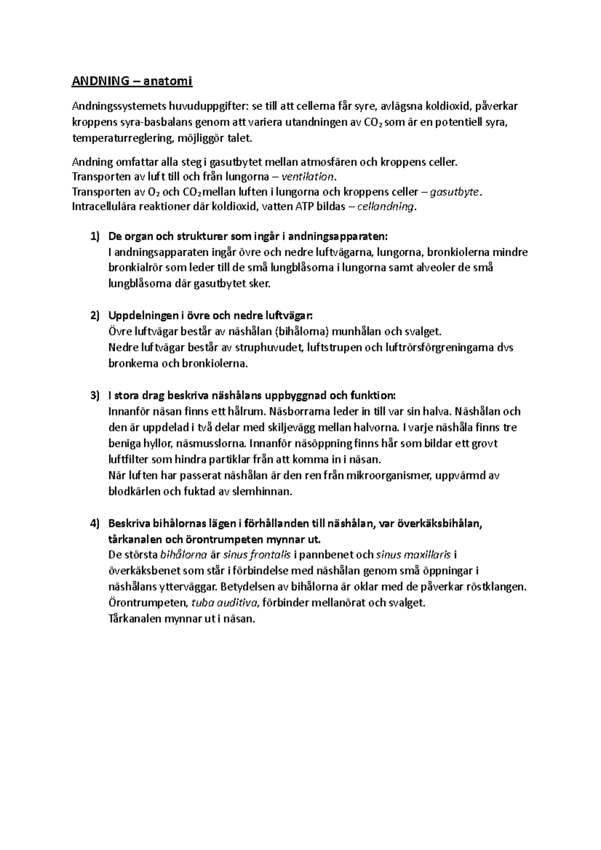Andning - målbeskrivning - ANDNING – anatomi Andningssystemets ...