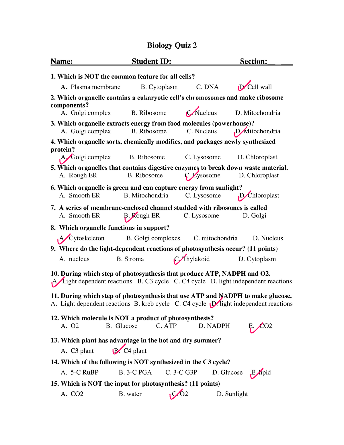 Biology Quiz 2-KEYS - Biology Quiz 2 Name: Student ID: Section:__ ___ 1 ...