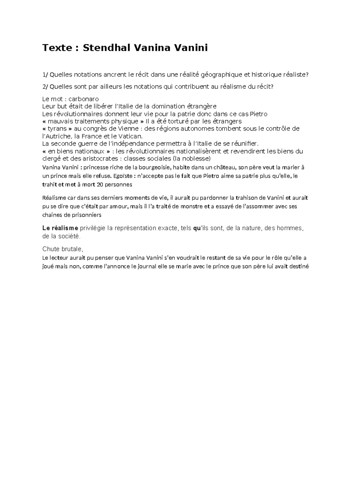 Texte Stendhal - Texte : Stendhal Vanina Vanini 1/ Quelles notations ...
