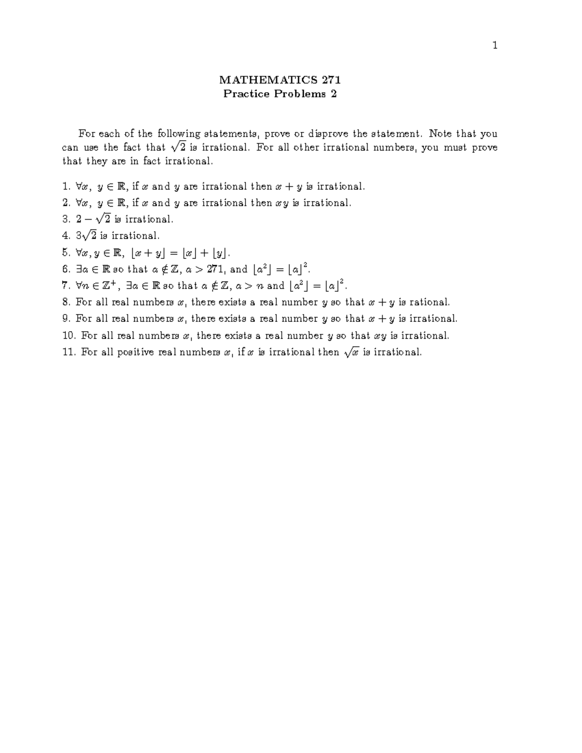 Sample Practice Questions for Exam 2 - 1 MATHEMATICS 271 Practice ...