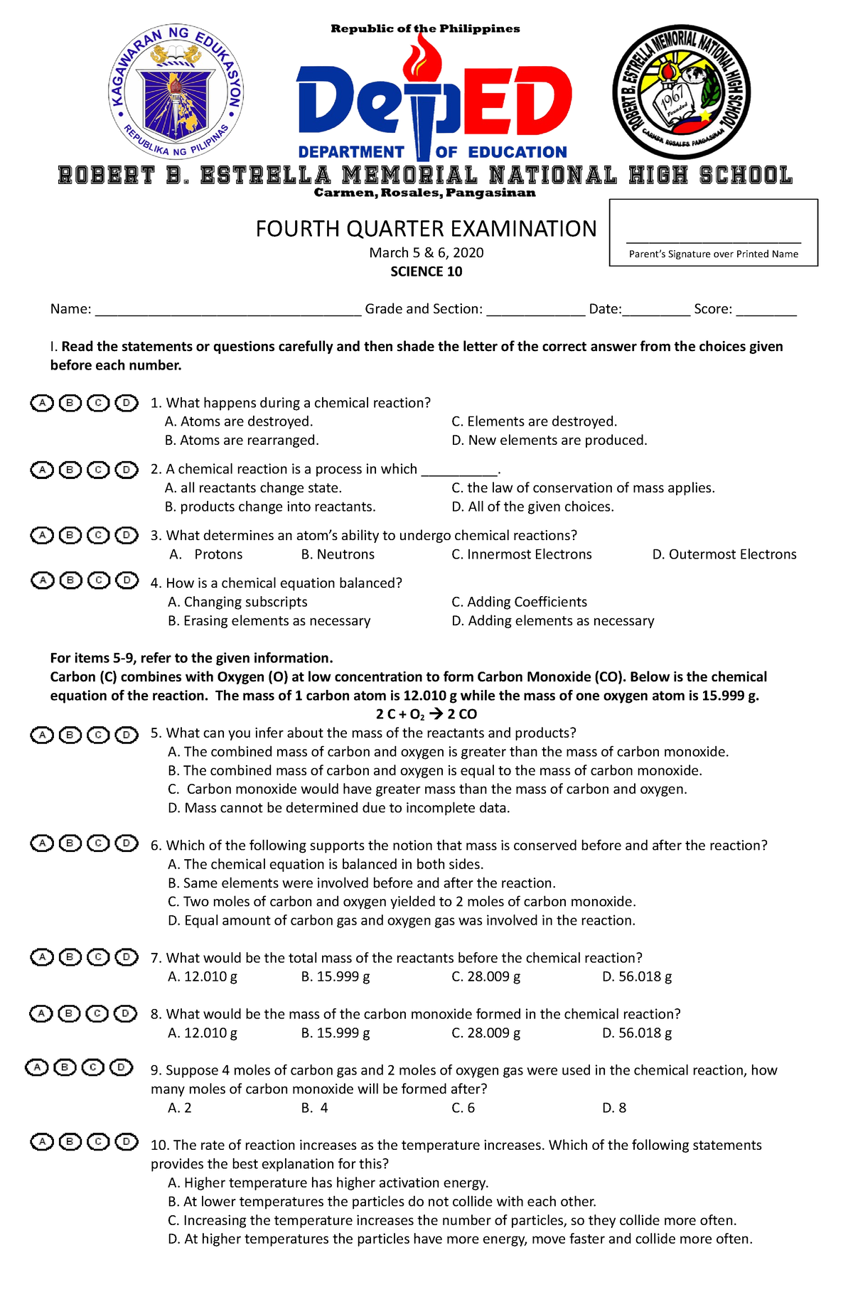 4th Quarter EXAM Science 10 SCLM101 Robertson Studocu