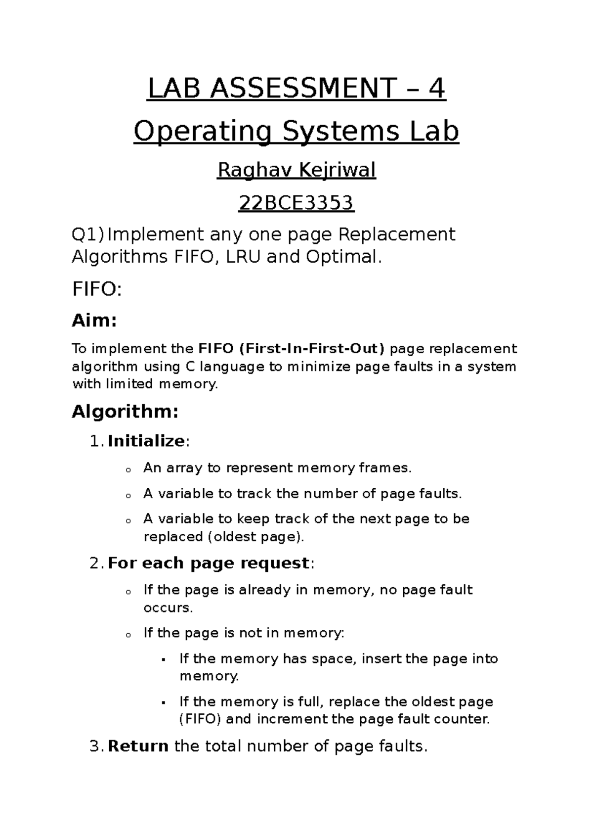 os lab assessment - LAB ASSESSMENT – 4 Operating Systems Lab Raghav ...