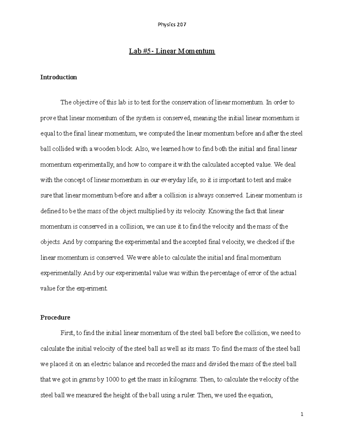 Lab 5Linear momentum PHY 207lab5 Physics 207 Lab 5 Linear