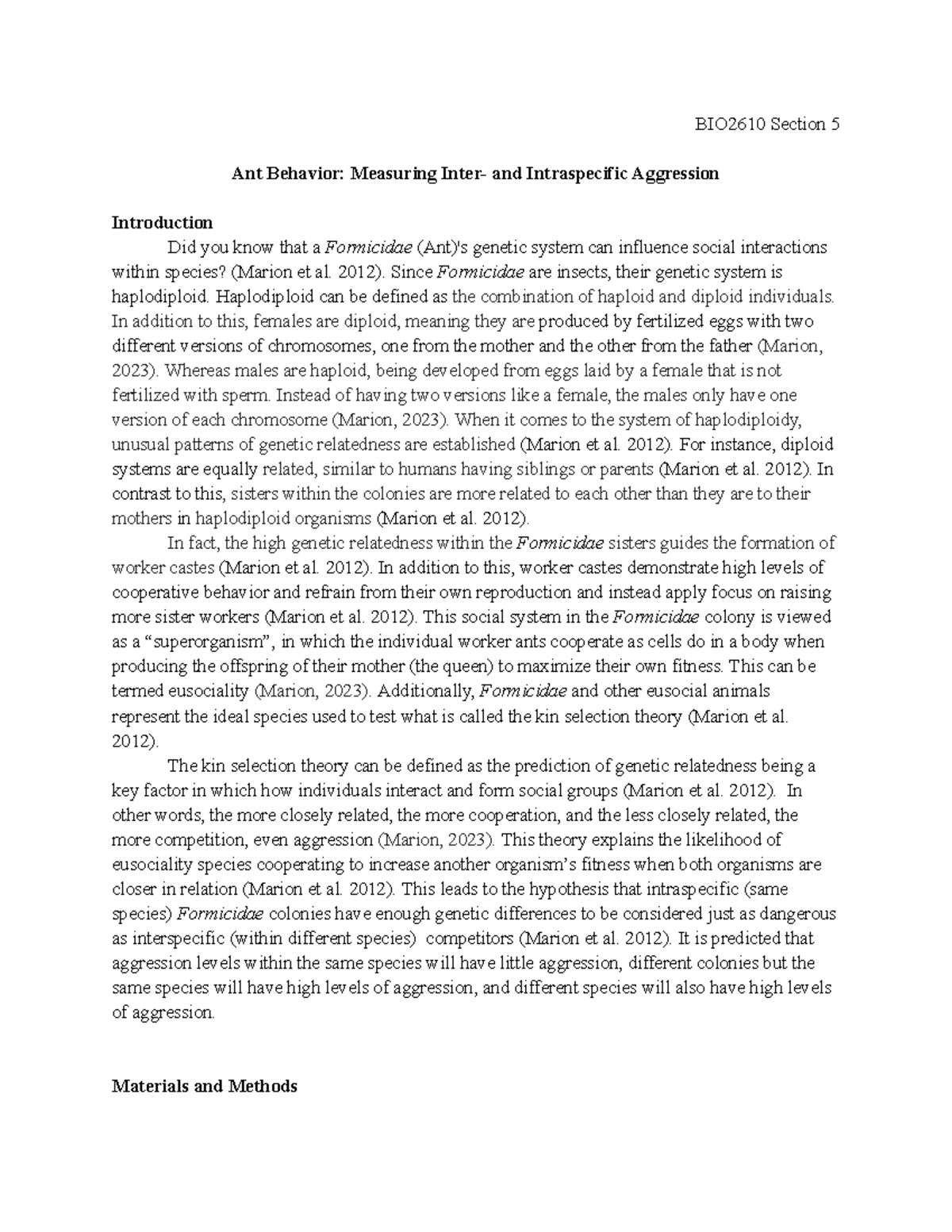 Ant Behavior Lab Report BIO2610 Section 5 Ant Behavior Measuring