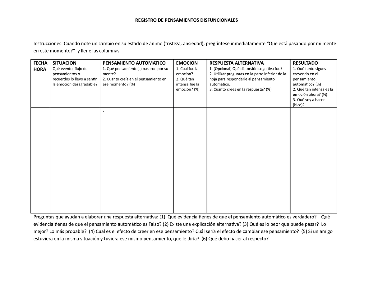 Rpd E N Blanco Rpd Cognitivo Conductual Registro De Pensamientos