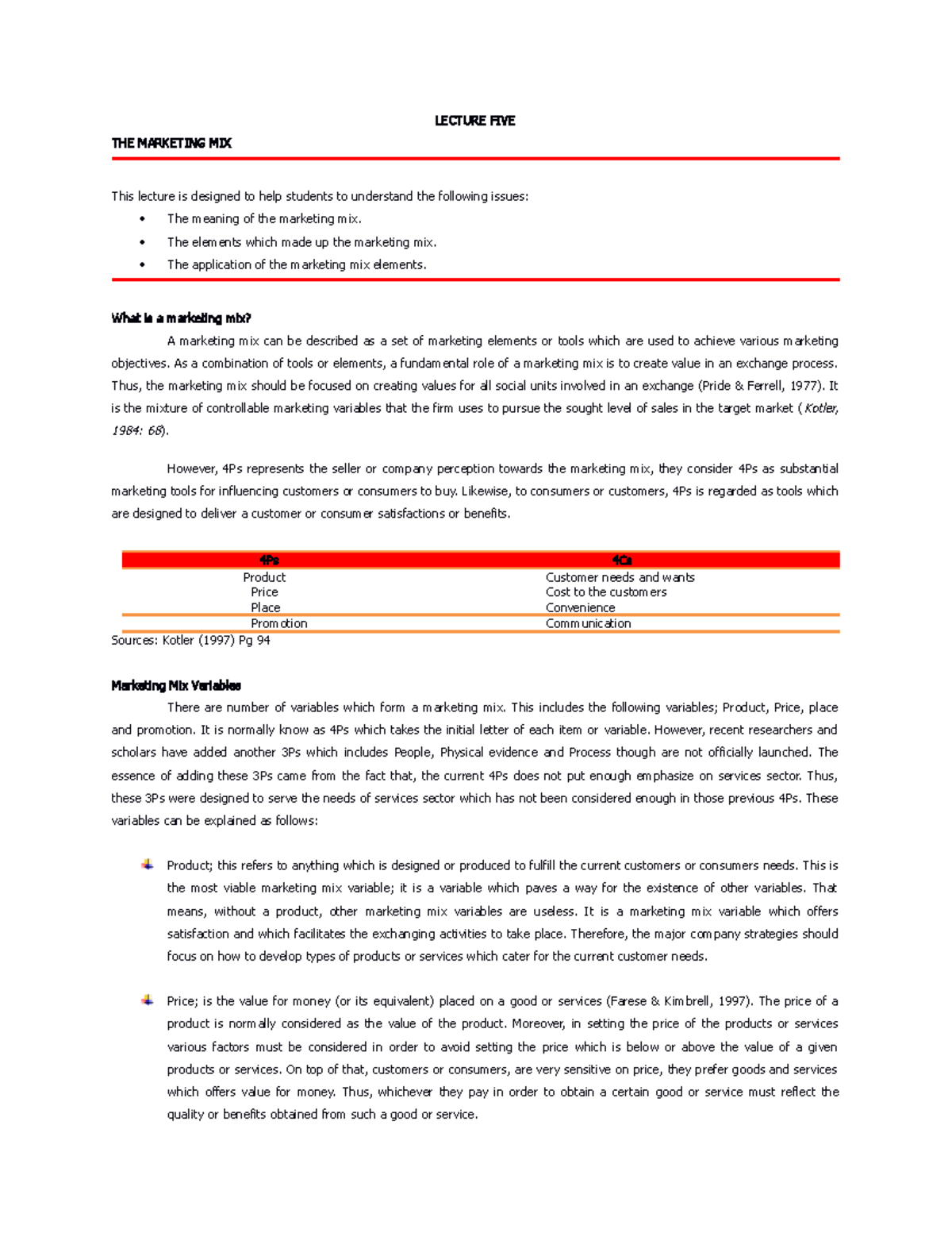 EMM111 Lecture 3 makting mix - LECTURE FIVE THE MARKETING MIX This ...
