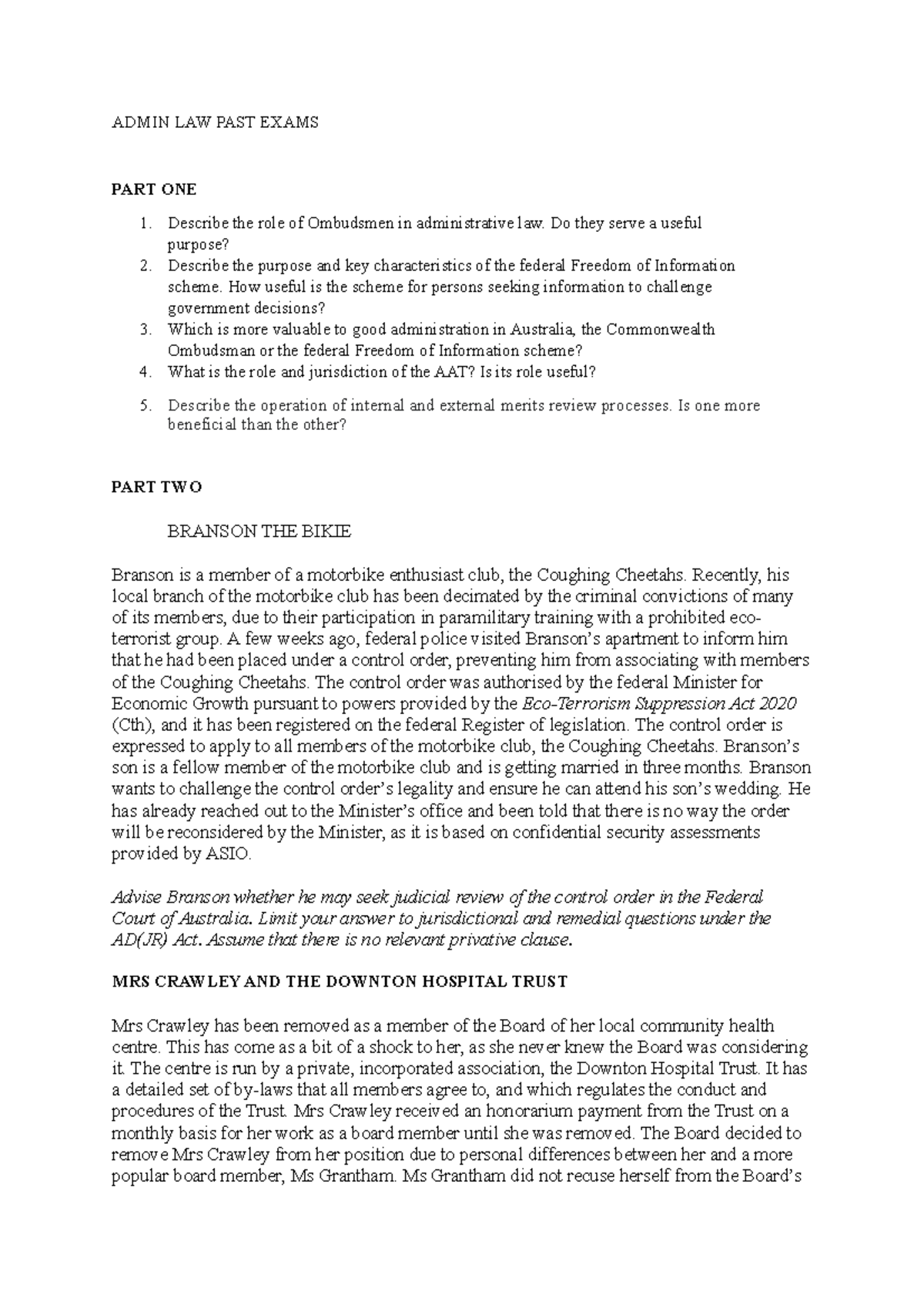 Admin LAW PAST Exams ADMIN LAW PAST EXAMS PART ONE 1. Describe the