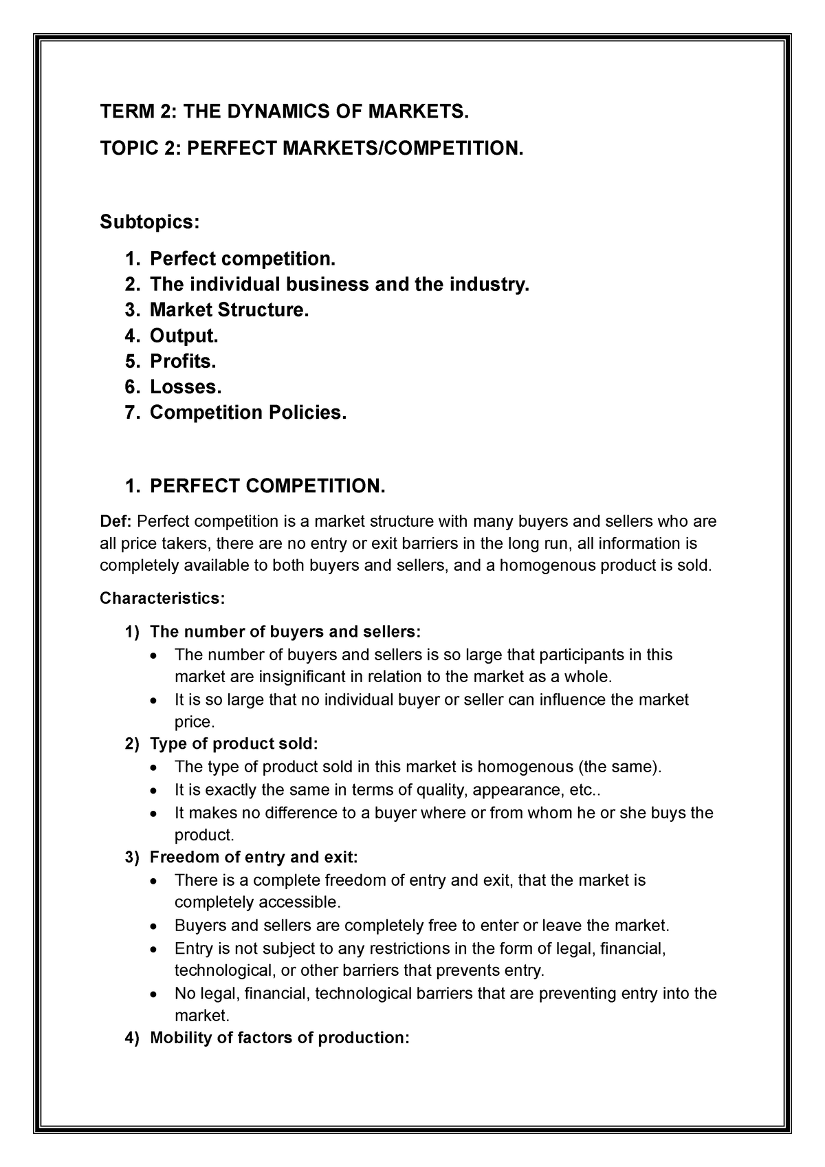 Dynamics OF Markets, Perfect Market GRD 12 - TERM 2: THE DYNAMICS OF ...