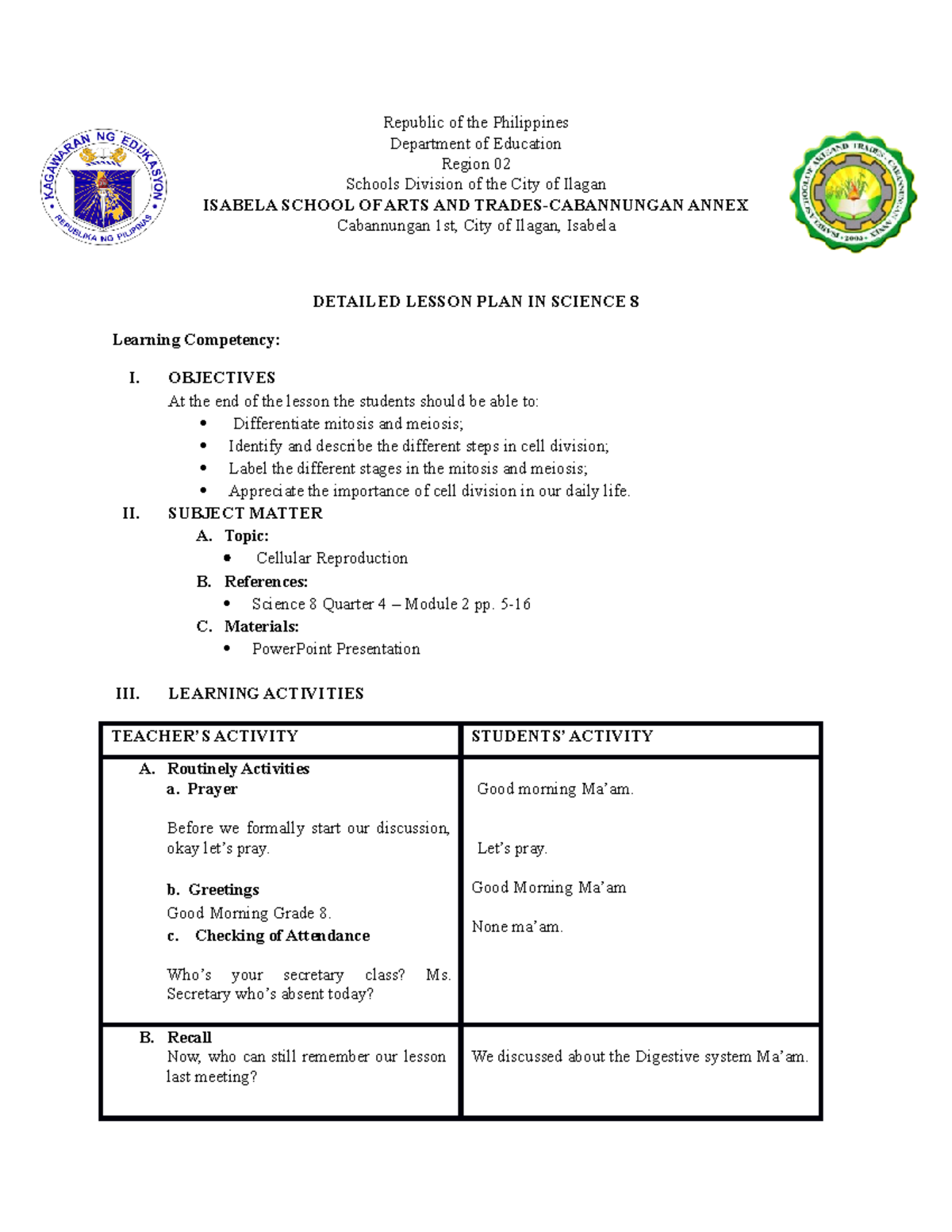 Detailed lesson plan cellulaar reproduction republic of the