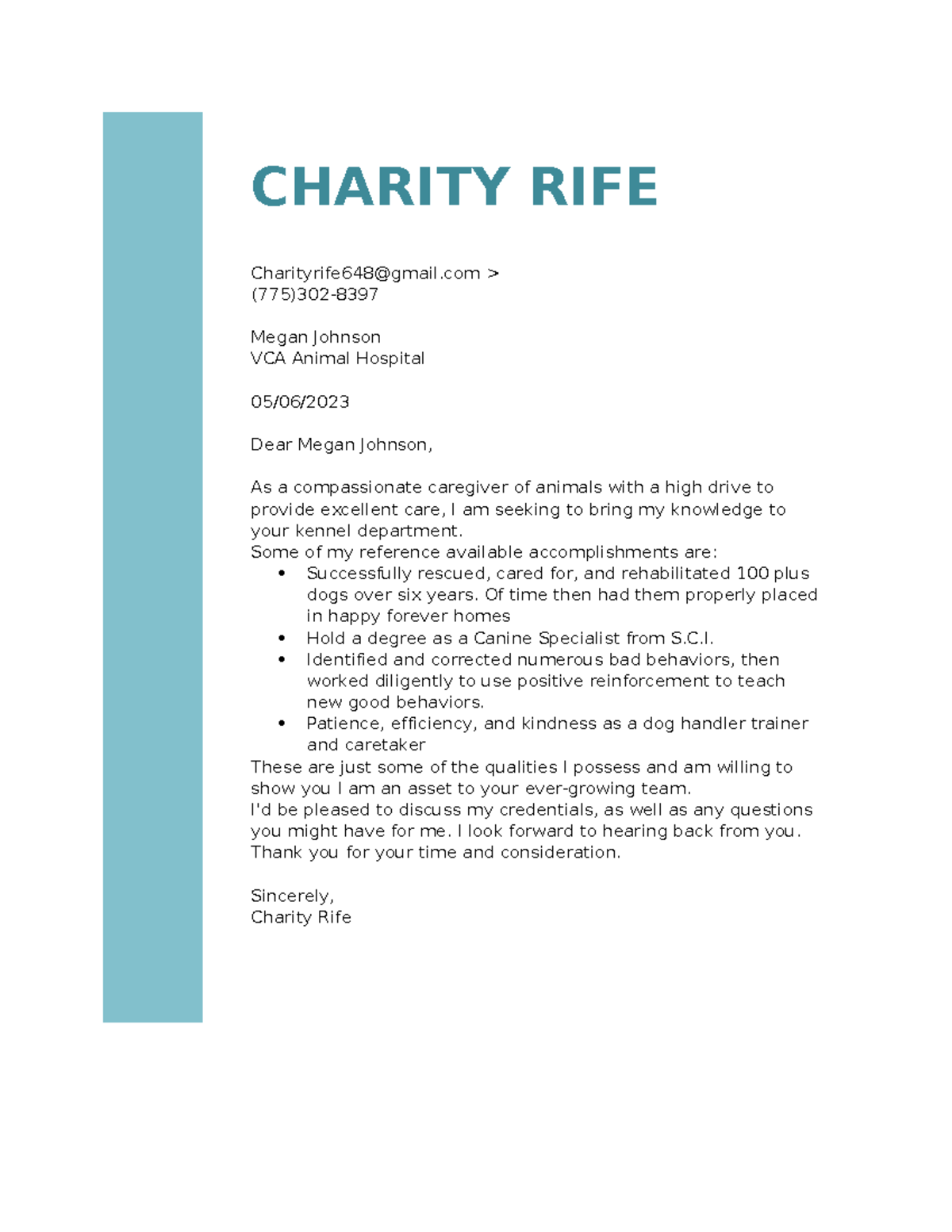 cover letter to work in a charity