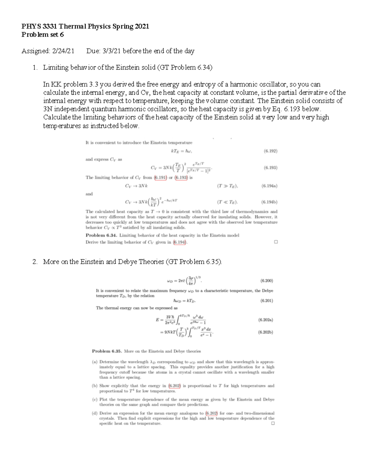 Problem SET 6 questions - PHYS 3331 Thermal Physics Spring 2021 Problem ...