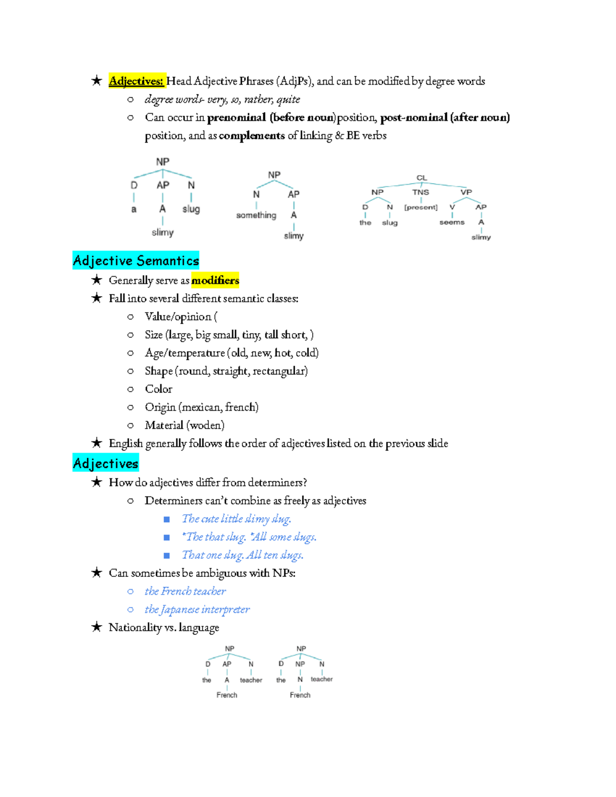 ENG 3220 Q3 P1 - Notes for quiz 3 - ★ Adjectives: Head Adjective ...