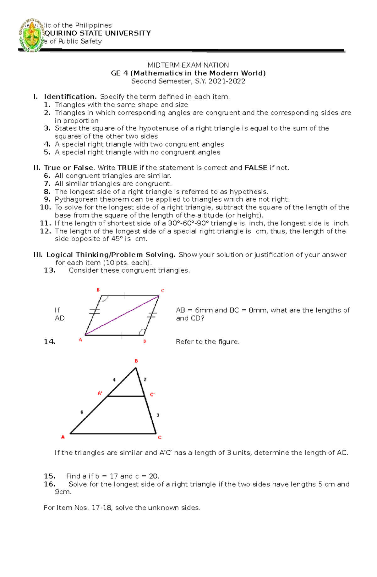 Midterms trigo - Republic of the Philippines QUIRINO STATE UNIVERSITY ...