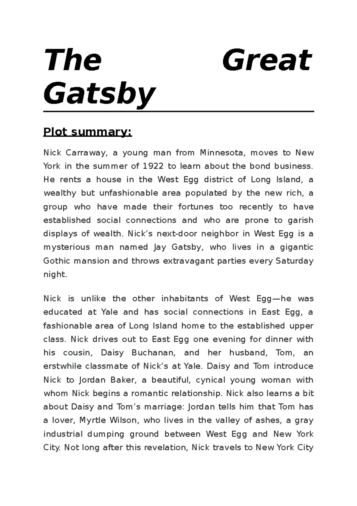 Summary Of Chapter 7 The Great Gatsby English The Great Gatsby Summary Note Secondarys - The Great Gatsby