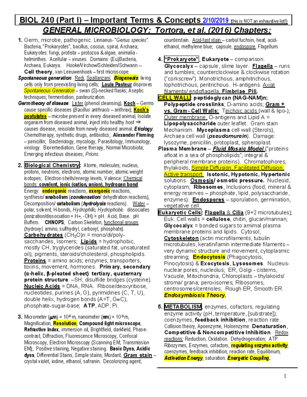 Study Guide 1 - Course lecture notes - 1 BIOL 240 (Part I) – Important ...