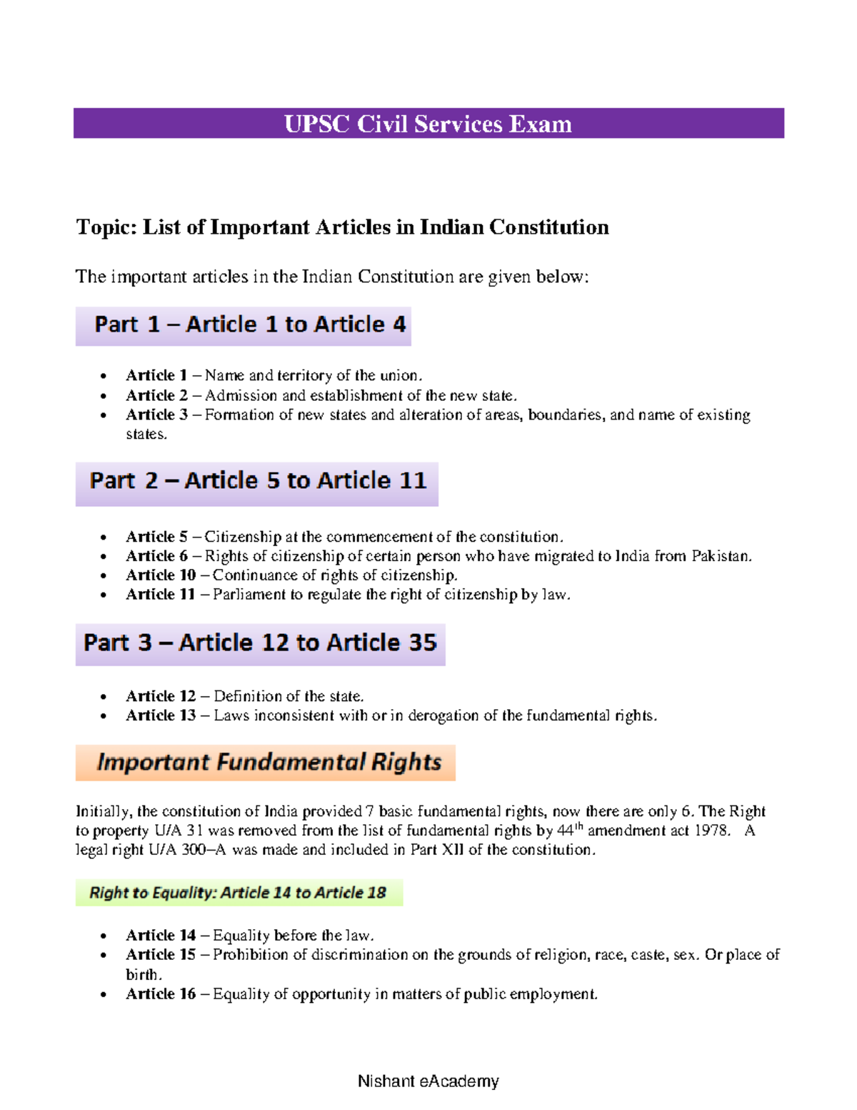 Important Articles Of Indian Constitution For Ssc