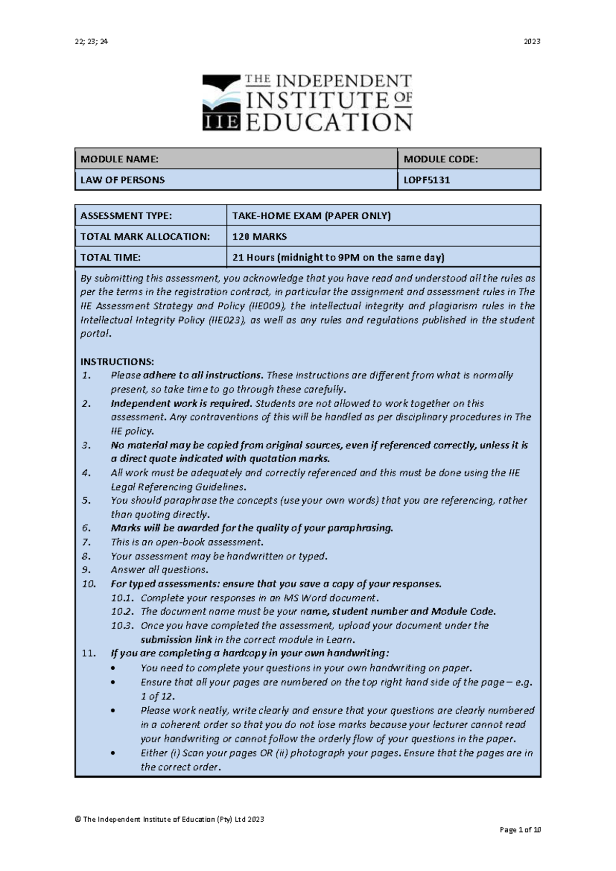 LOPF5131Ea THE - TAKE HOME EXAM - ASSESSMENT TYPE: TAKE-HOME EXAM ...