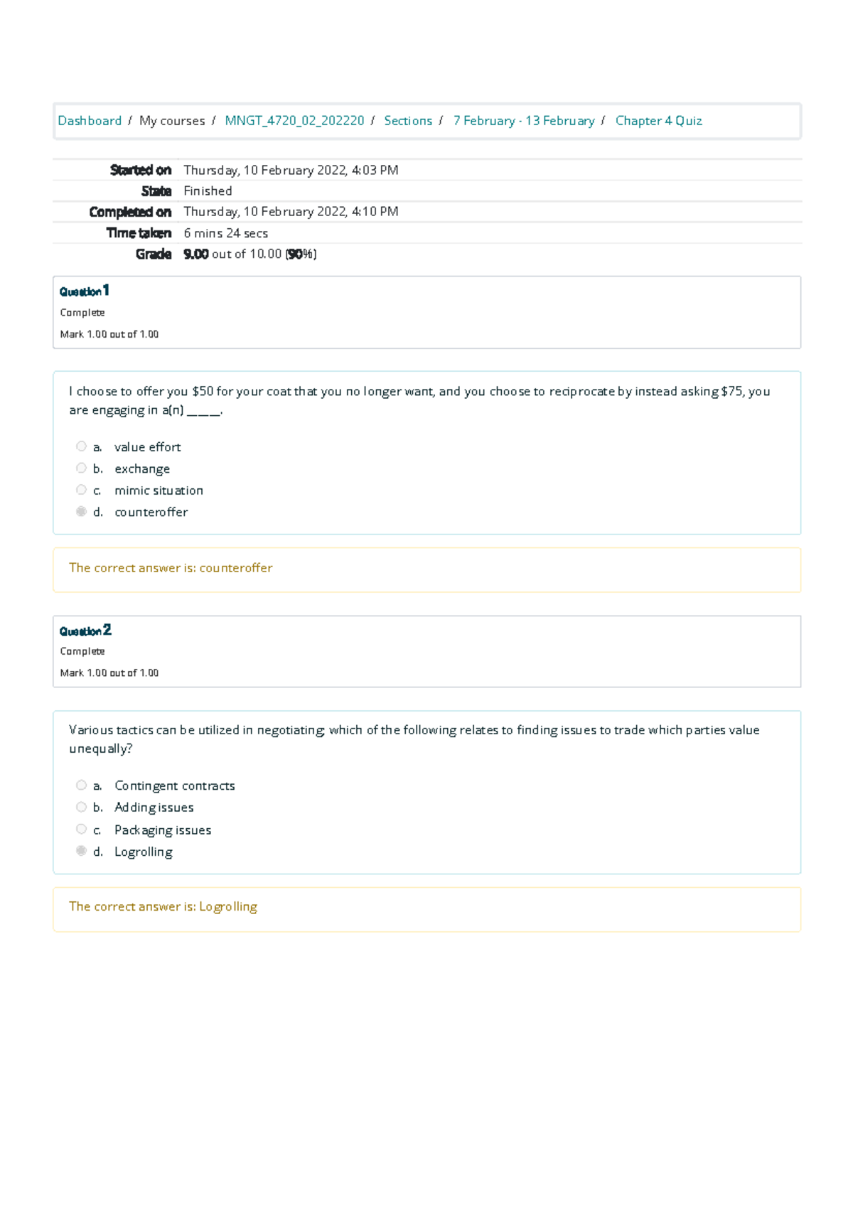 Chapter 4b Quiz Attempt review - Dashboard / My courses / MNGT_4720_02 ...