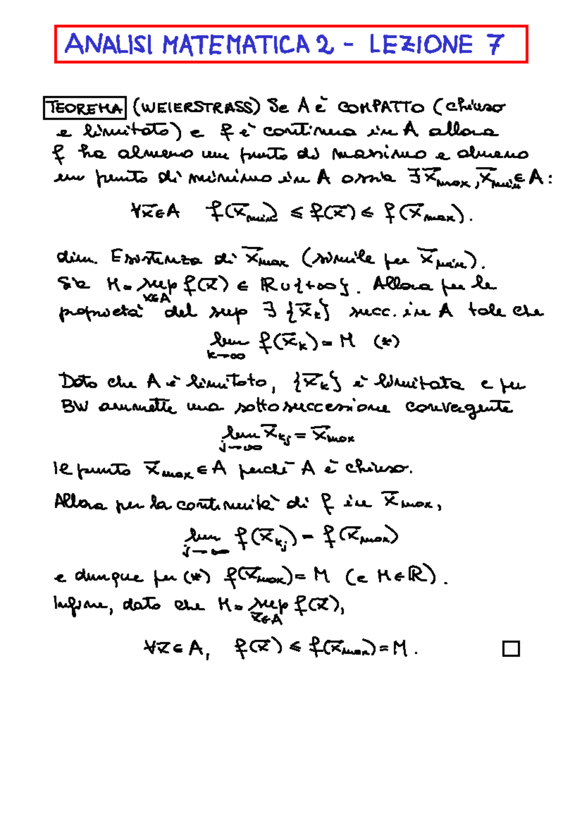 Lezione 7 Teorema di Weierstrass, Derivabilità e Differenziabilità