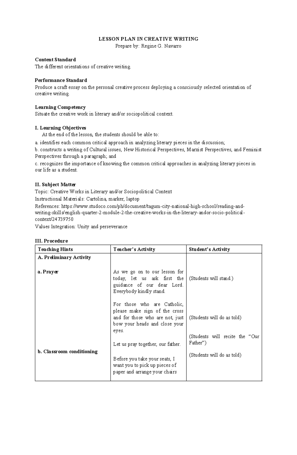 Lesson PLAN IN Creative Writing - LESSON PLAN IN CREATIVE WRITING ...