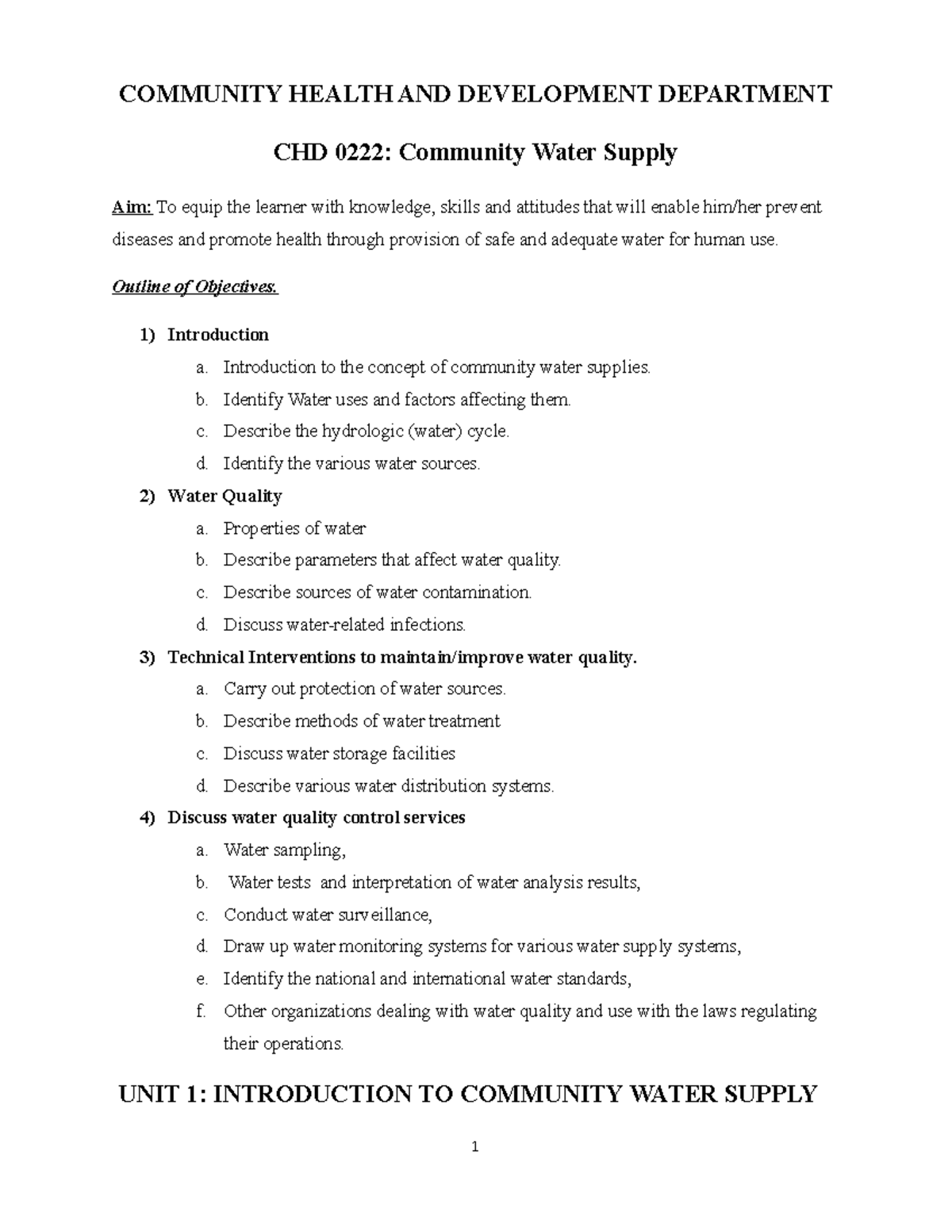 Water supply management notes (1) COMMUNITY HEALTH AND DEVELOPMENT