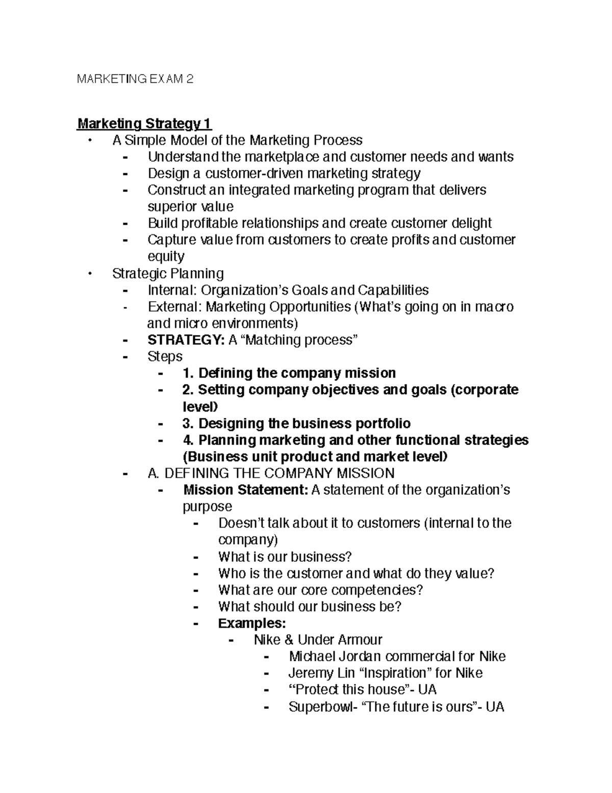 Mktg 301 Exam 2 Study Guide - MARKETING EXAM 2 Marketing Strategy 1 - A ...