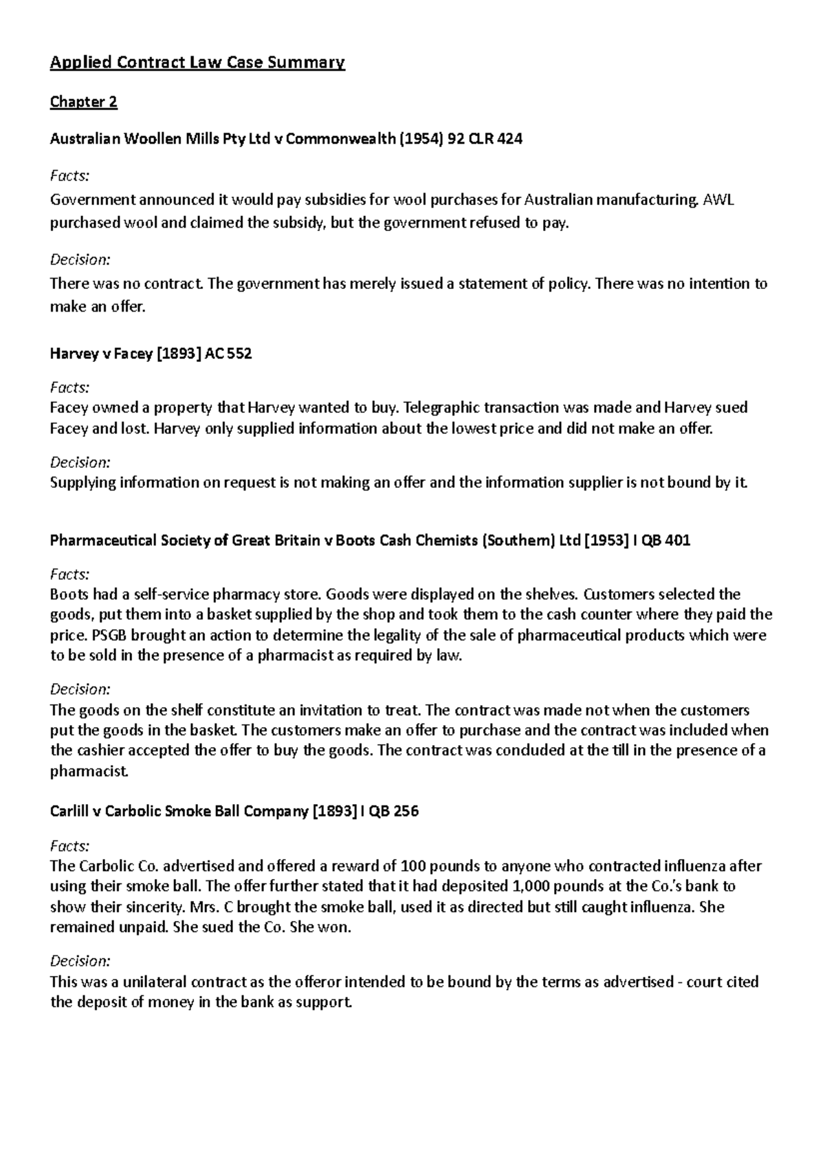 Applied Contract Law Case Summary - Applied Contract Law Case Summary ...