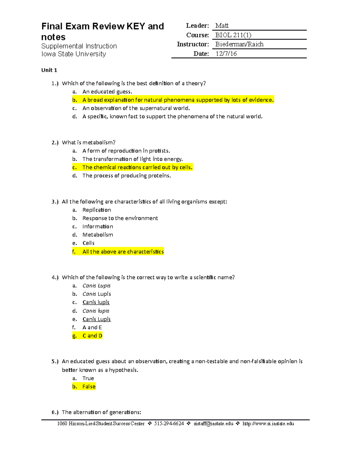 FInal Review KEY - Summary Prin Of Biology I - Final Exam Review KEY ...