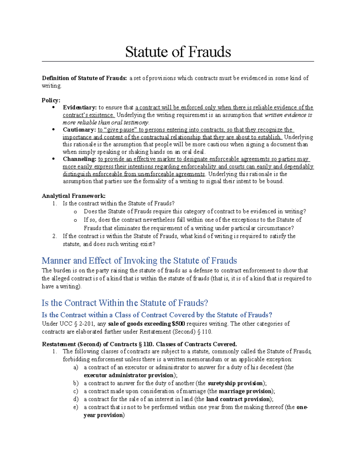 Contracts II Exam Analytical Framework Statute of Frauds Definition