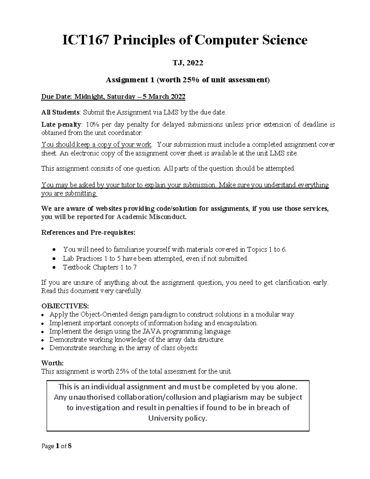 ICT167 Assignment 1 JAN2022 Intake Principles of Computer Science