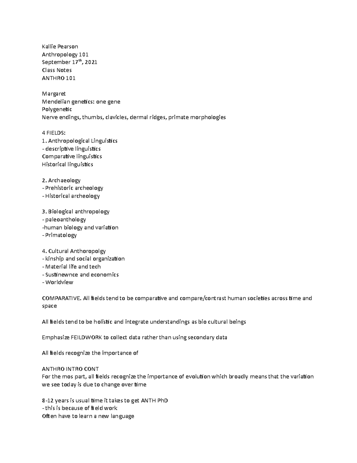 Anth 101 class notes for midterm - ANTH 101 - UNC Chapel Hill - Studocu
